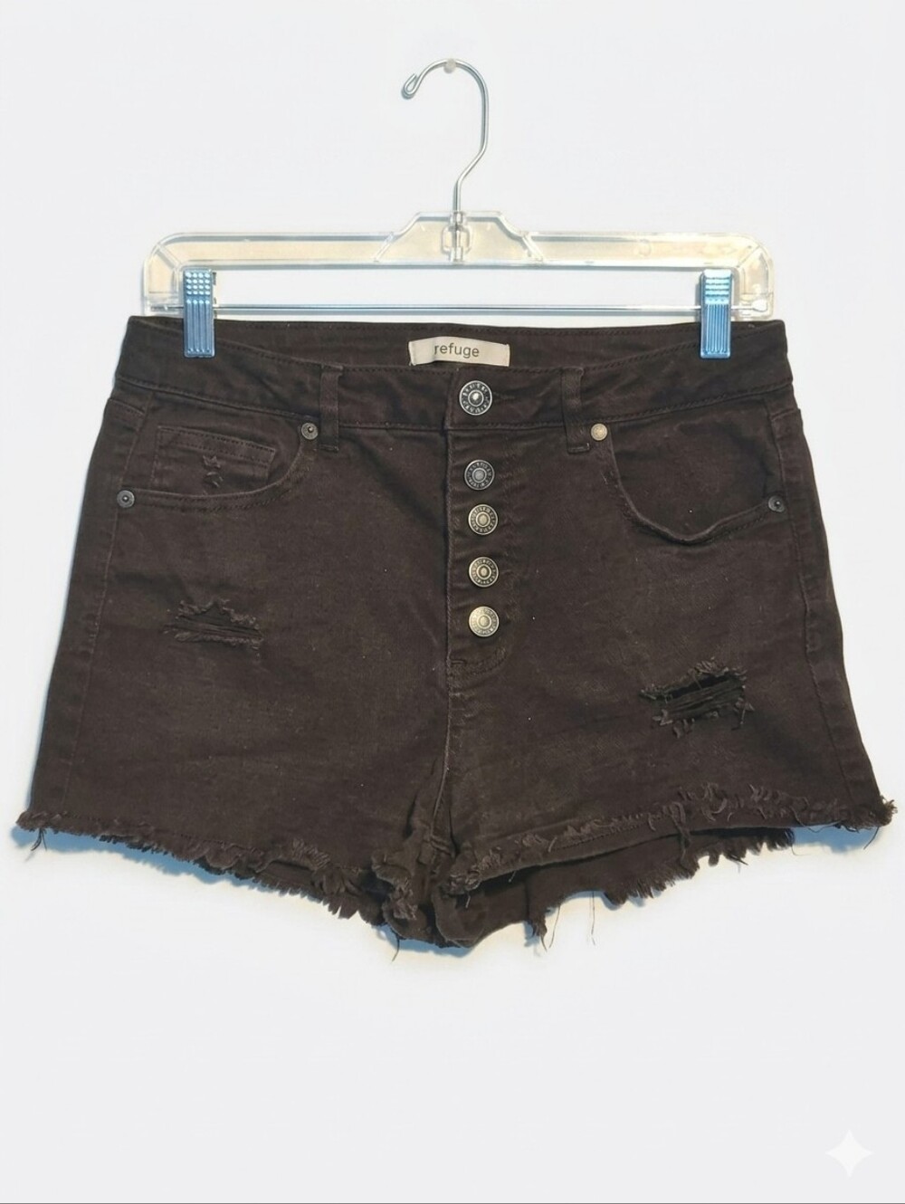 Refuge Distressed High Rise Button Fly Denim Shorts Fray Hem Black, 3" Inseam